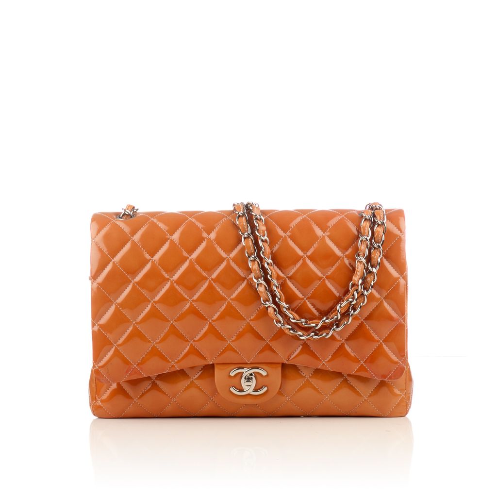 Chanel Orange Quilted Patent Leather Maxi Classic Double Flap Bag