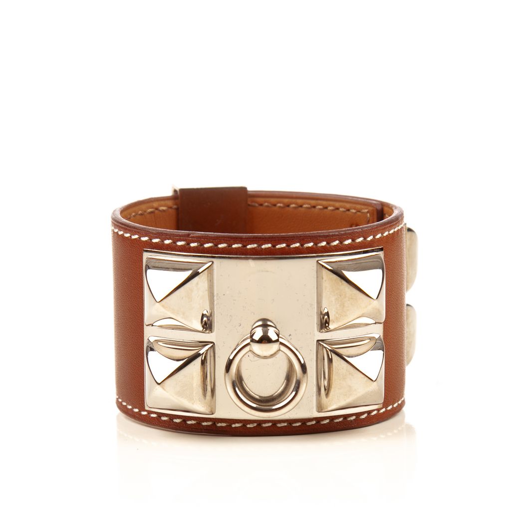 Hermes brown contrast stich silver collar bracelet-1.jpg