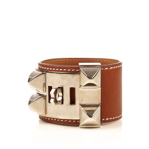 Hermes brown contrast stich silver collar bracelet-2.jpg