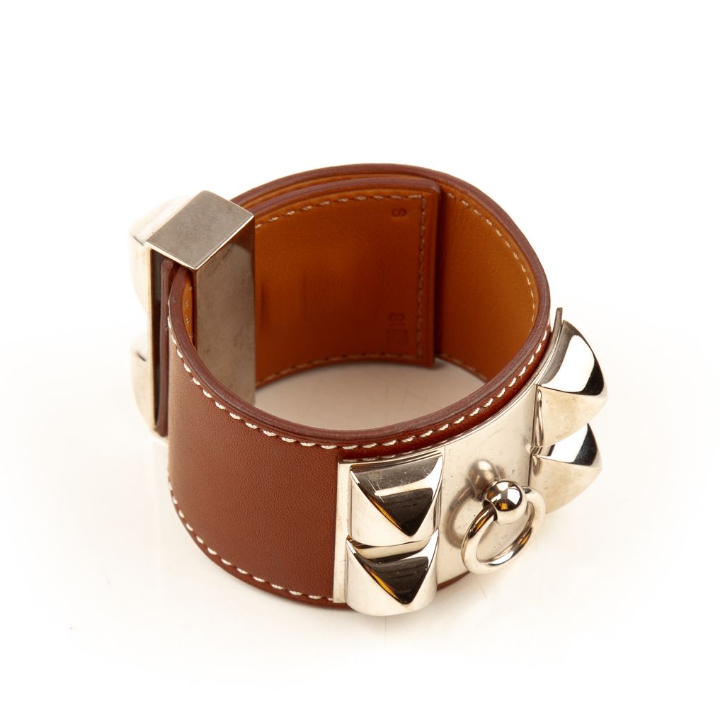 Hermes brown contrast stich silver collar bracelet-3.jpg