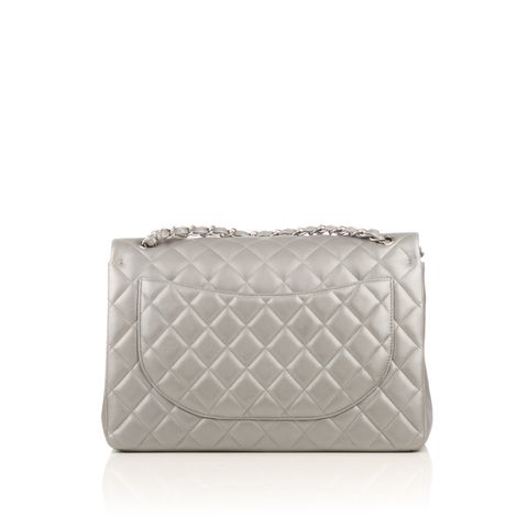 Chanel Classic Double Flap Bag Quilted Lambskin Maxi Silver 2189341