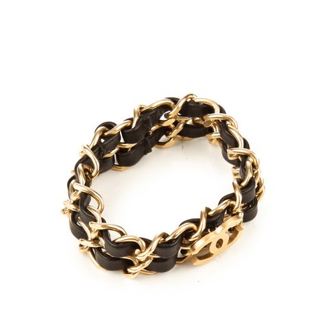 Chanel black leather gold chain bracelet-2