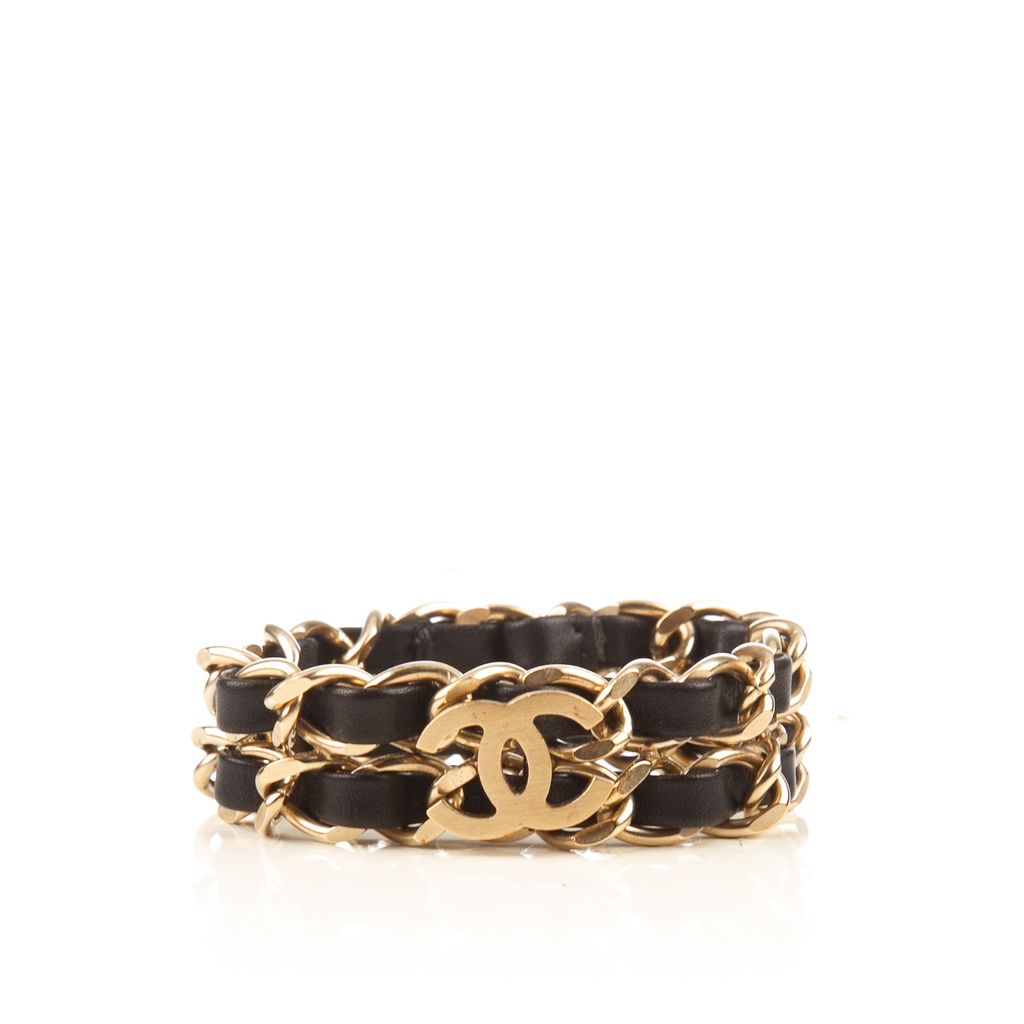 Chanel black leather gold chain bracelet-1