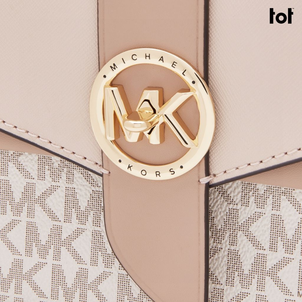 Guaranteed Original Michael Kors Greenwich Small Color-Block Logo Print  Canvas Saffiano Leather Women's Crossbody Bag - Pink