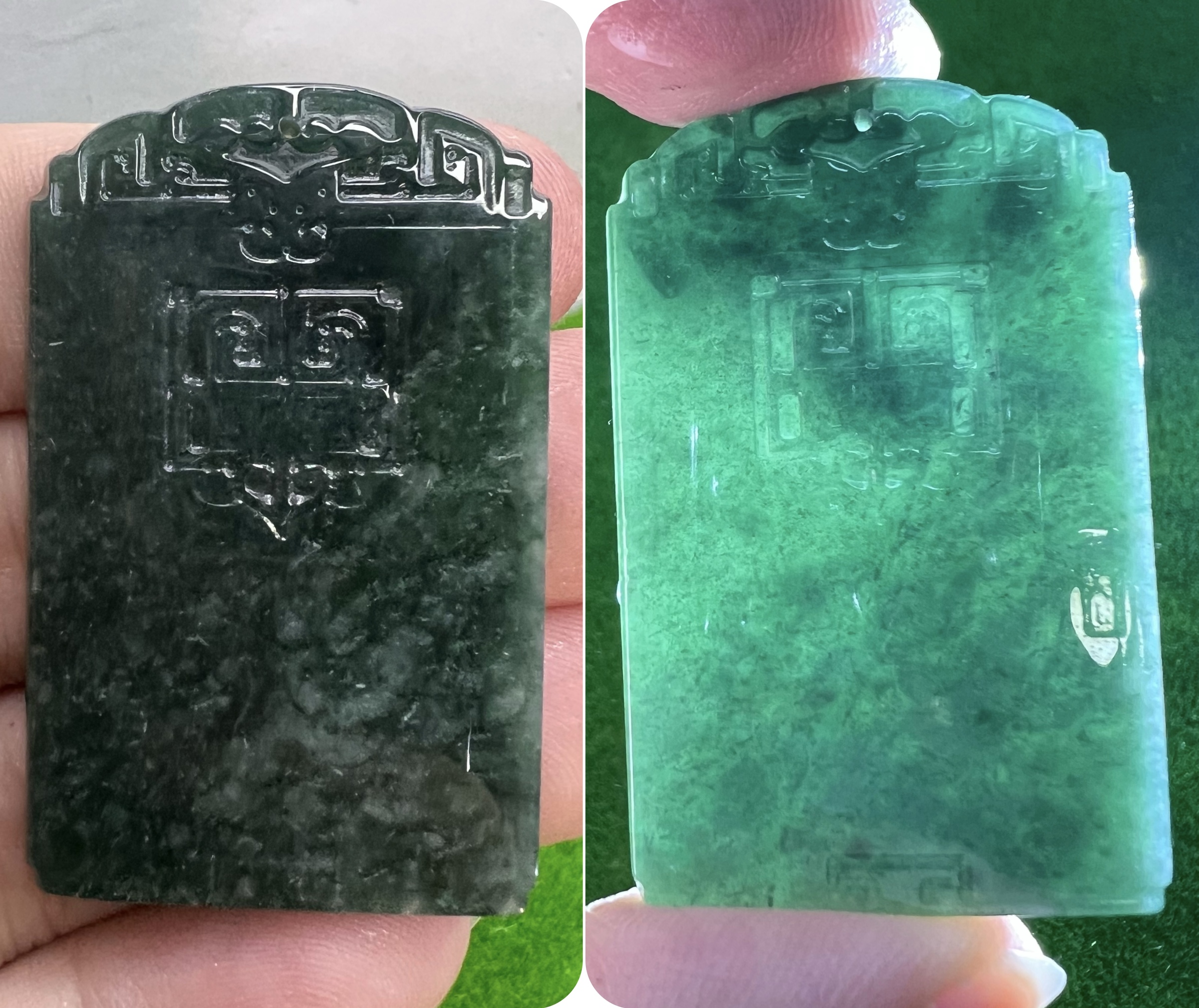 仿古饕餮无事牌墨油绿色精致手工雕翡翠真玉Jade SZ23094290