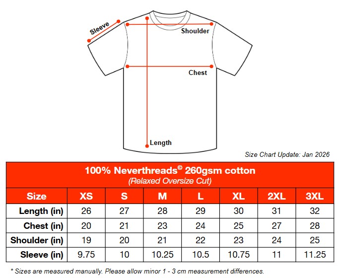 2026 Neverthread Relaxed Oversize Cut Size Chart