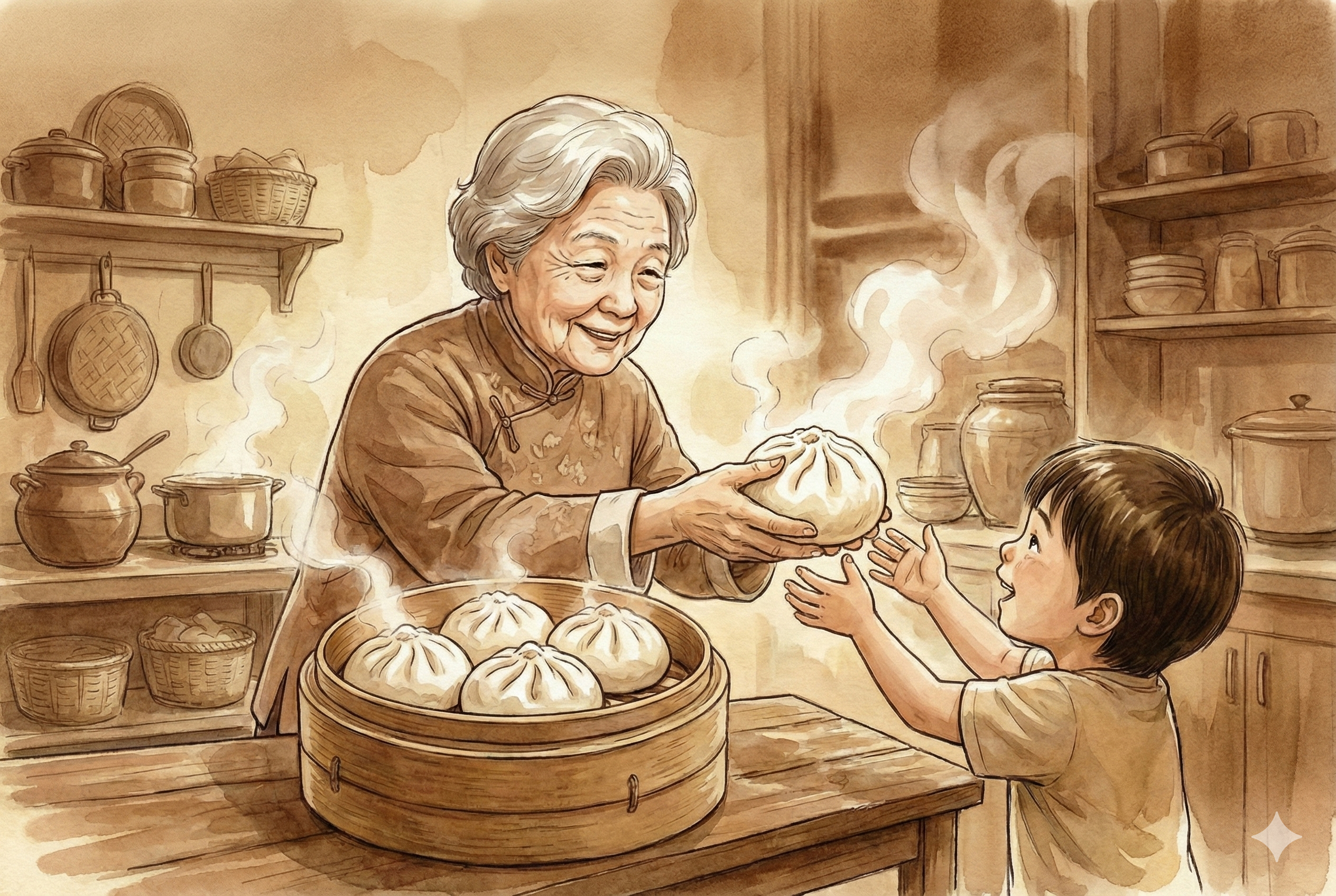 婆婆与热腾腾的传统肉包