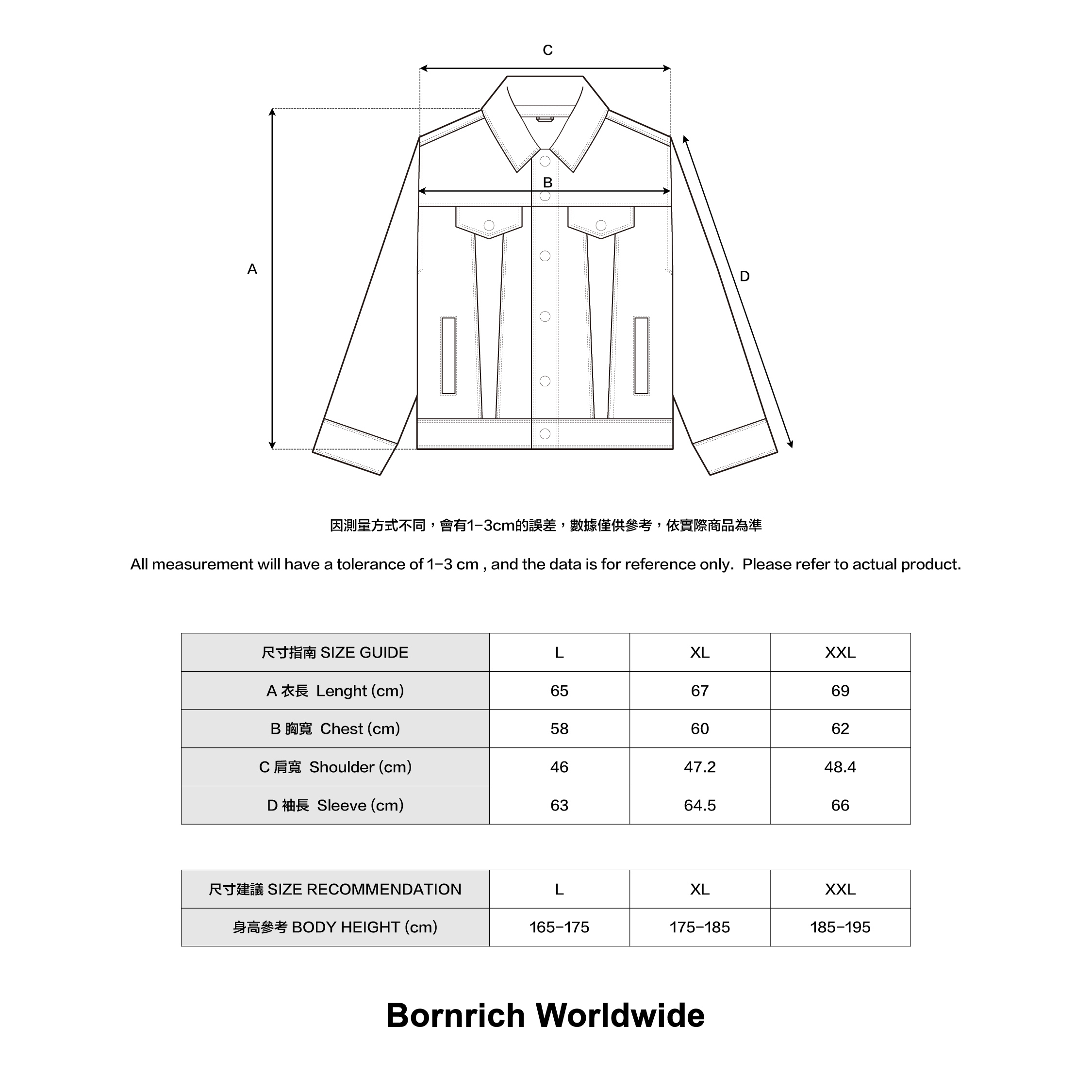 DOUBLE ZIP LEATHER JACKET SIZE INFO
