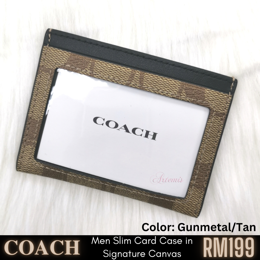 COACH Slim Id Card Case In Signature Canvas (Gunmetal/Tan) Artemis