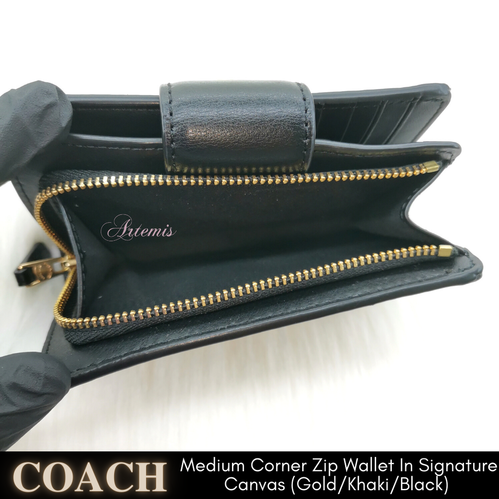 Coach Signature Canvas Medium Corner Zip Wallet - Khaki/Black • Price »