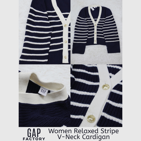 GAP Factory Relaxed Stripe V-Neck Cardigan (Navy Stripe) - 30 Sept 2025