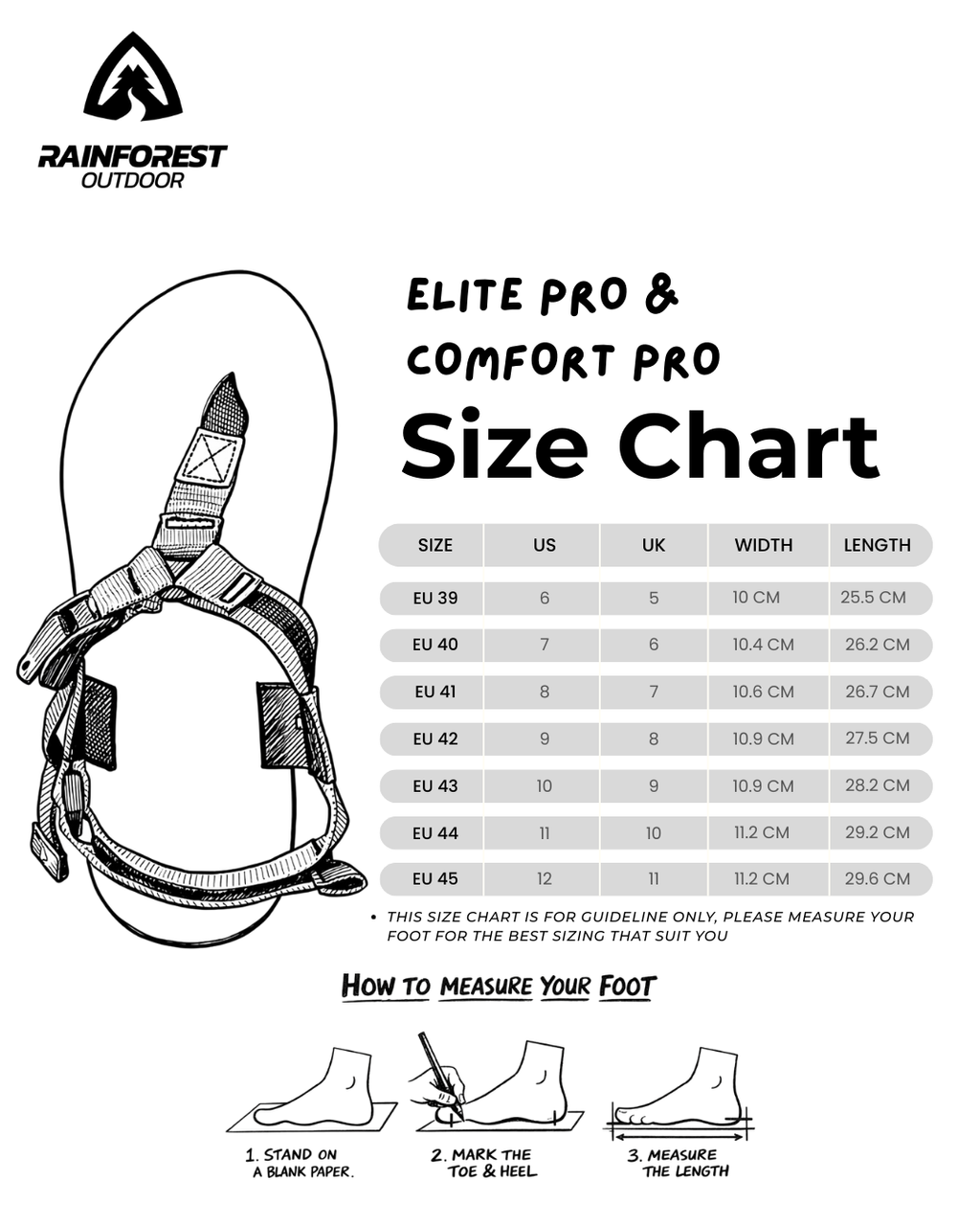 Elite pro and comfort pro size chart