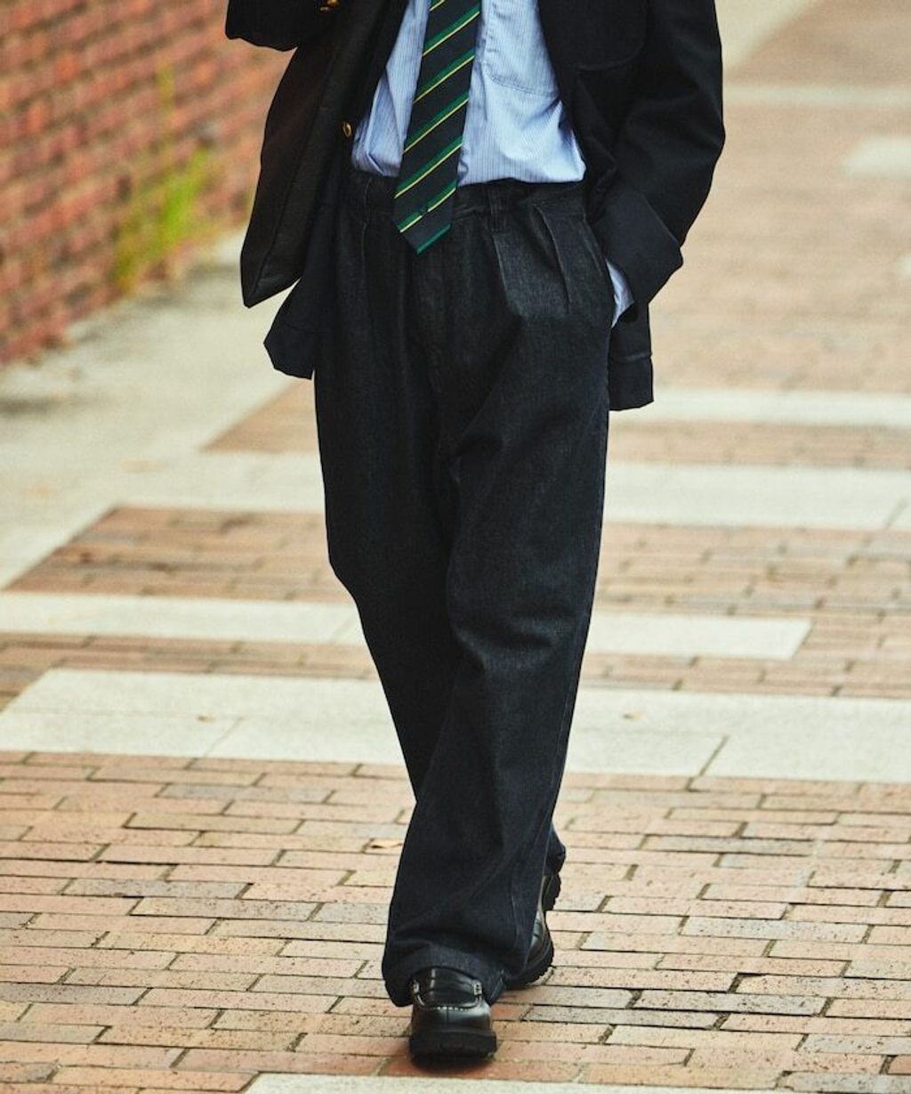 復古水染滾邊雙褶立體剪裁丹寧西裝褲_9