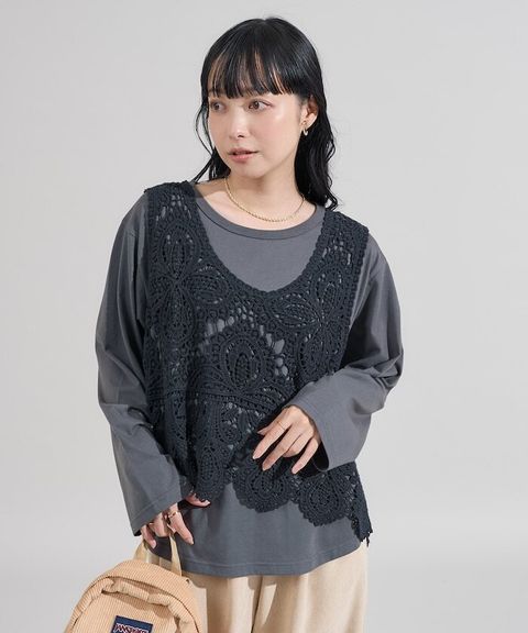 FREAKS STORE 蕾絲背心以及素色長袖上衣套裝組合(一套兩入)_10
