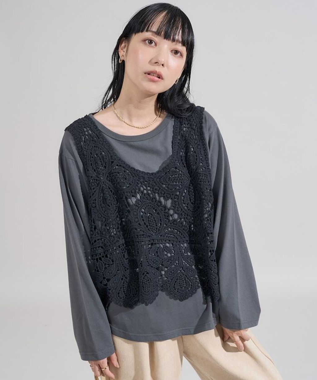 FREAKS STORE 蕾絲背心以及素色長袖上衣套裝組合(一套兩入)_2