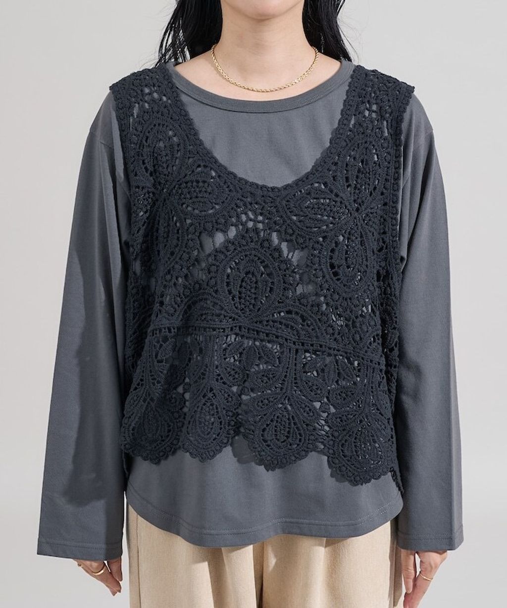 FREAKS STORE 蕾絲背心以及素色長袖上衣套裝組合(一套兩入)_15