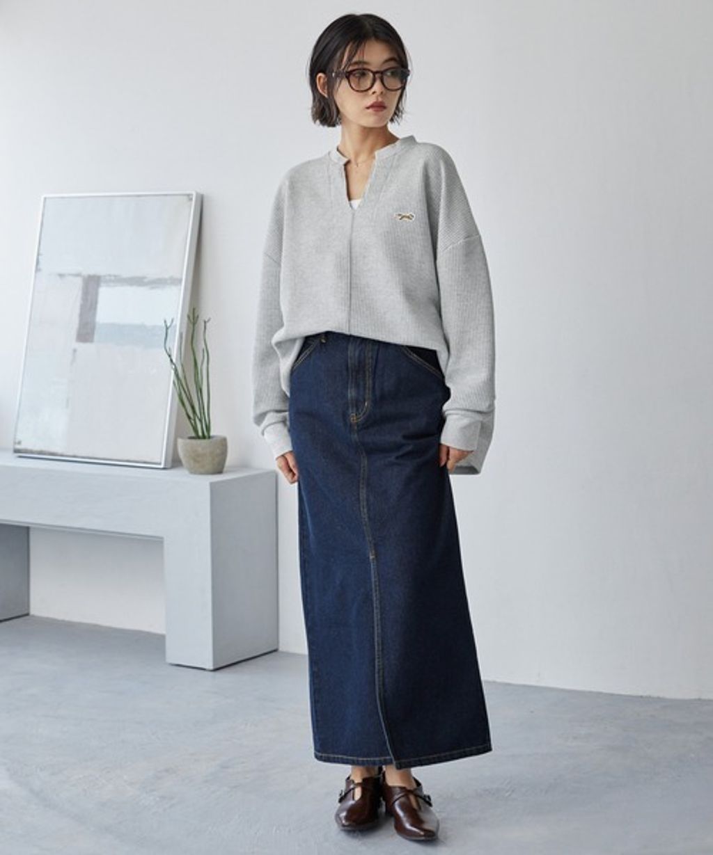 MONO-MART 刺繡小狐狸開襟領華夫格長袖上衣_38