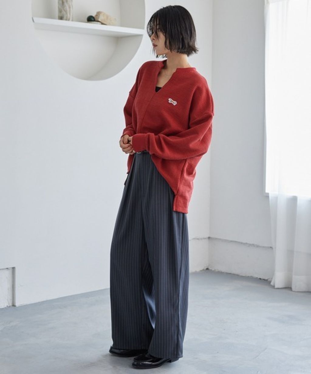 MONO-MART 刺繡小狐狸開襟領華夫格長袖上衣_49