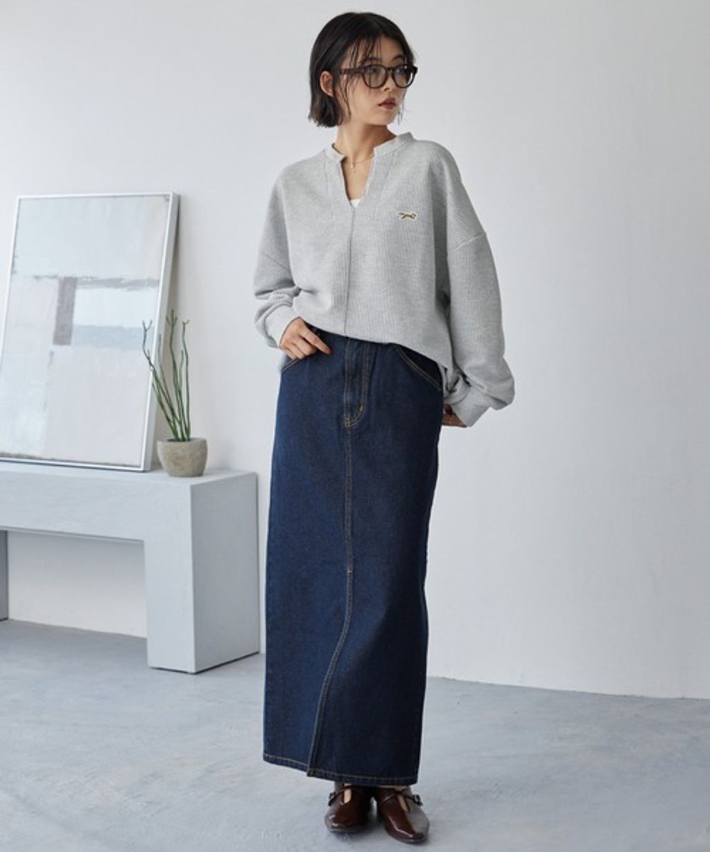 MONO-MART 刺繡小狐狸開襟領華夫格長袖上衣_33