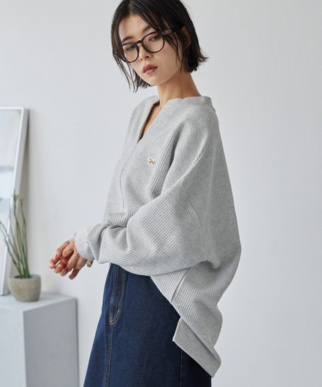 MONO-MART 刺繡小狐狸開襟領華夫格長袖上衣_36