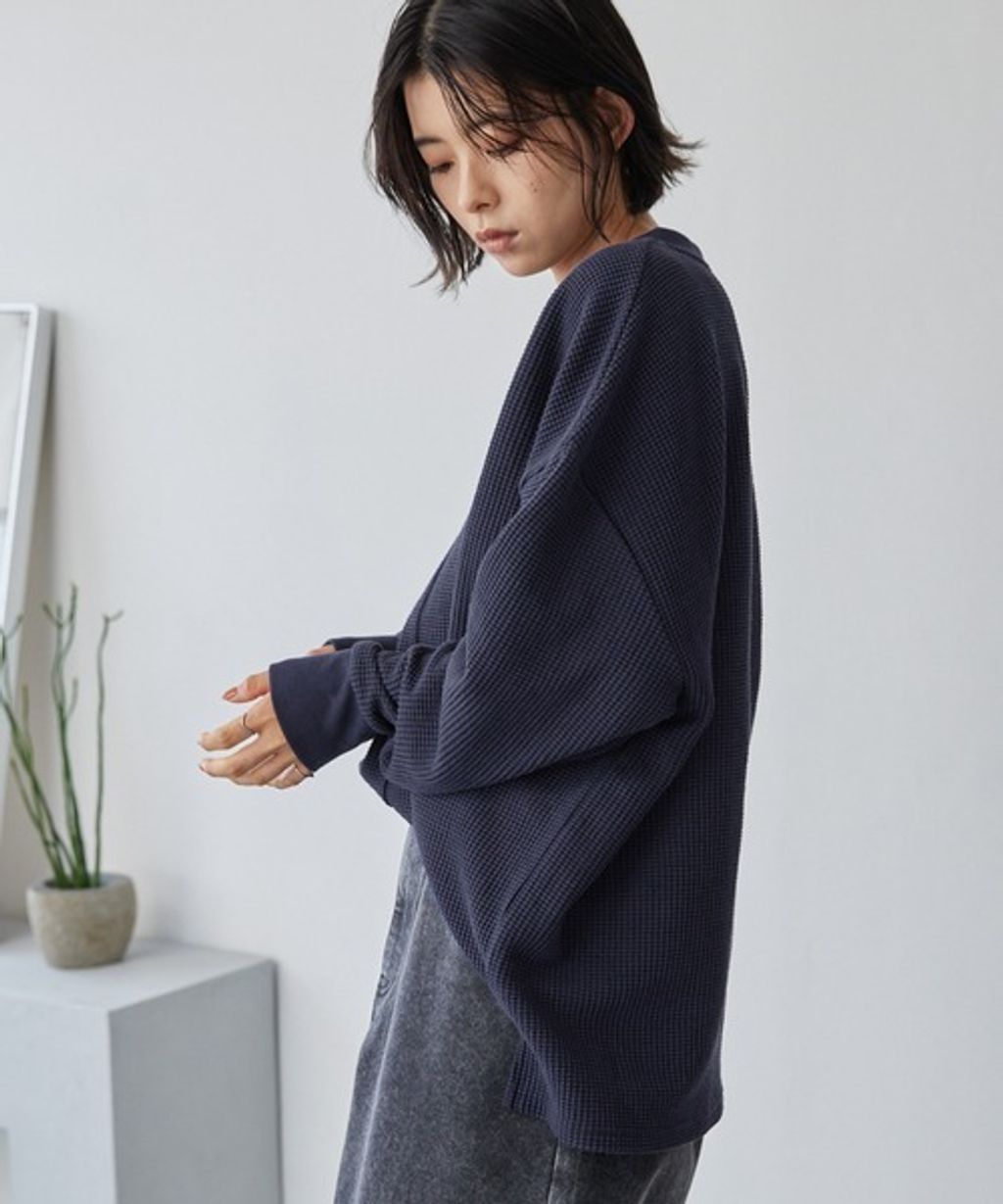 MONO-MART 刺繡小狐狸開襟領華夫格長袖上衣_16