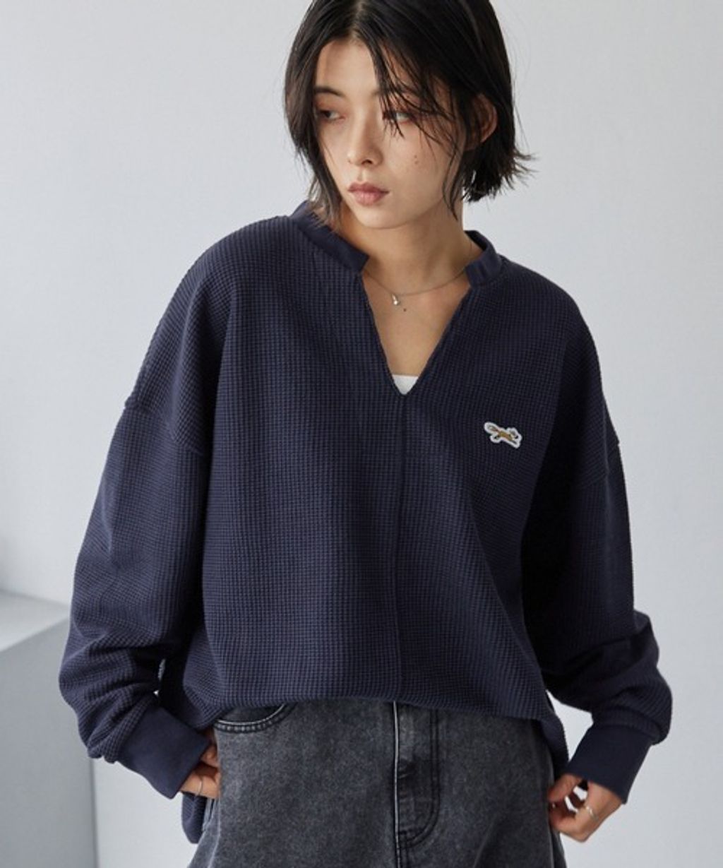 MONO-MART 刺繡小狐狸開襟領華夫格長袖上衣_18