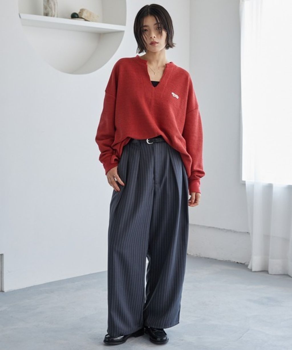MONO-MART 刺繡小狐狸開襟領華夫格長袖上衣_48