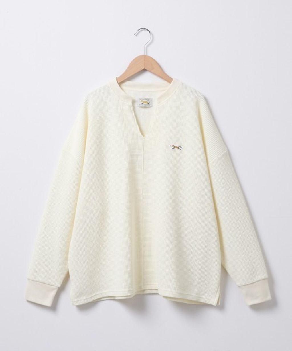 MONO-MART 刺繡小狐狸開襟領華夫格長袖上衣_53