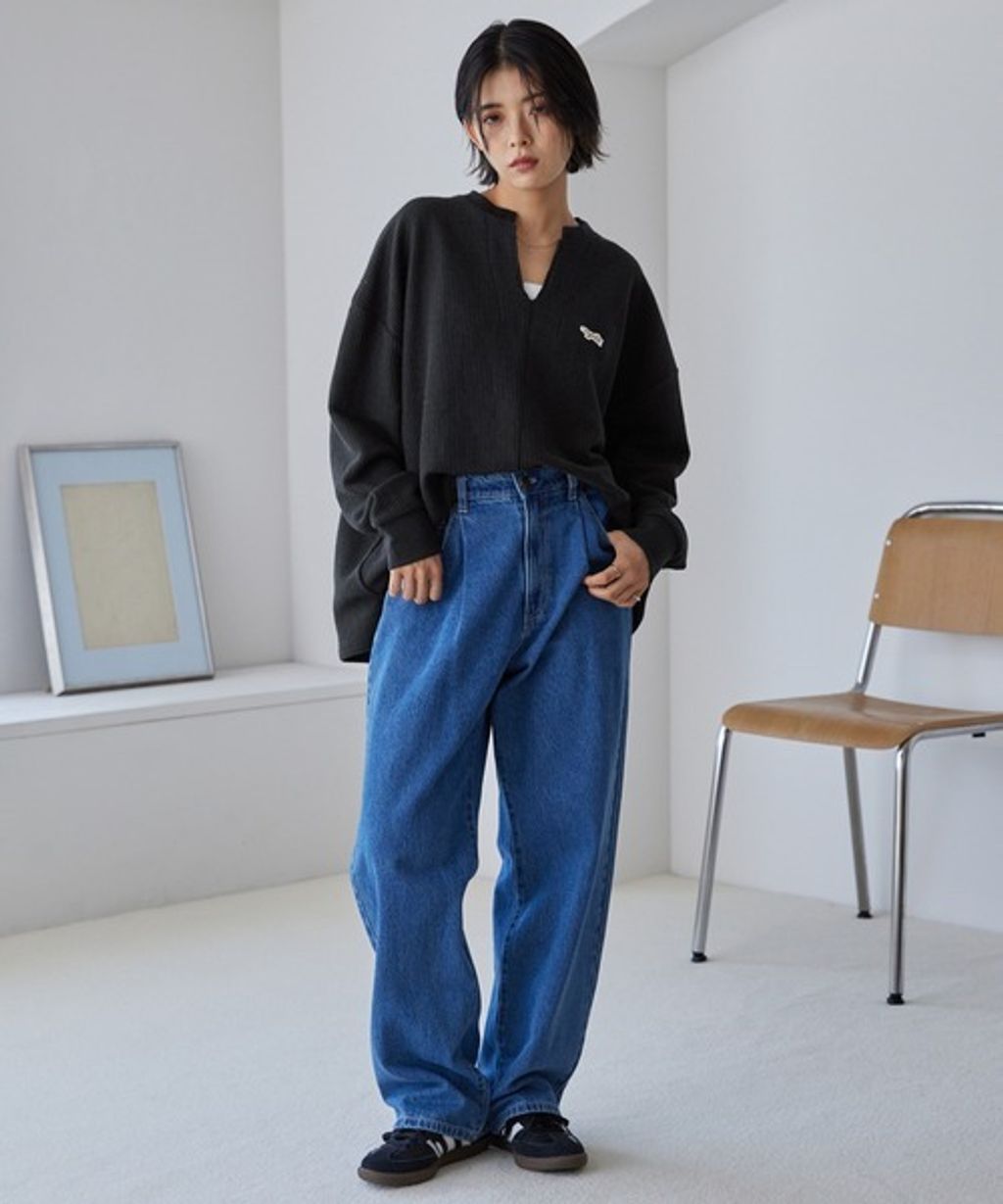 MONO-MART 刺繡小狐狸開襟領華夫格長袖上衣_2