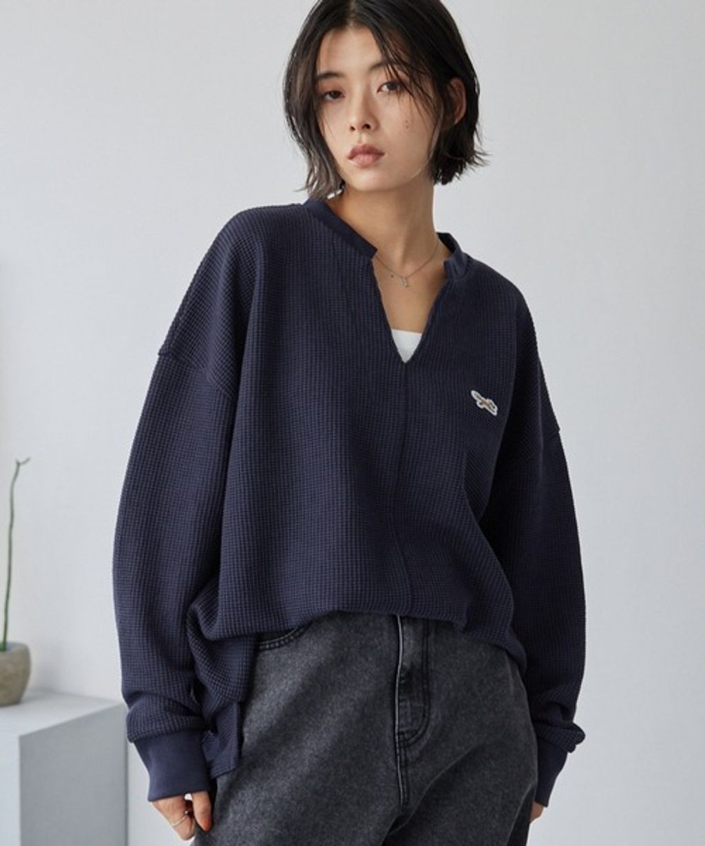 MONO-MART 刺繡小狐狸開襟領華夫格長袖上衣_15
