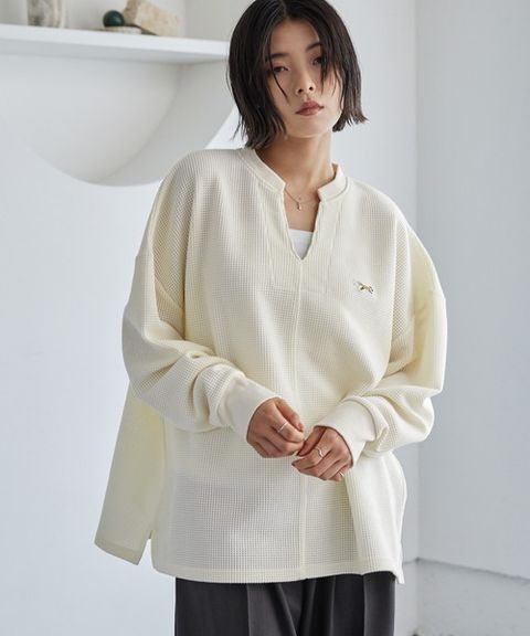 MONO-MART 刺繡小狐狸開襟領華夫格長袖上衣_25
