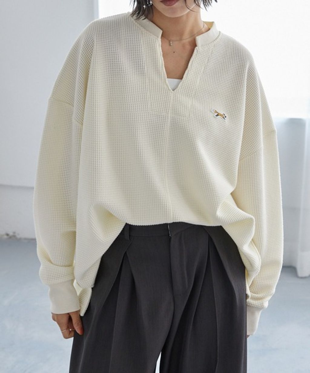 MONO-MART 刺繡小狐狸開襟領華夫格長袖上衣_42