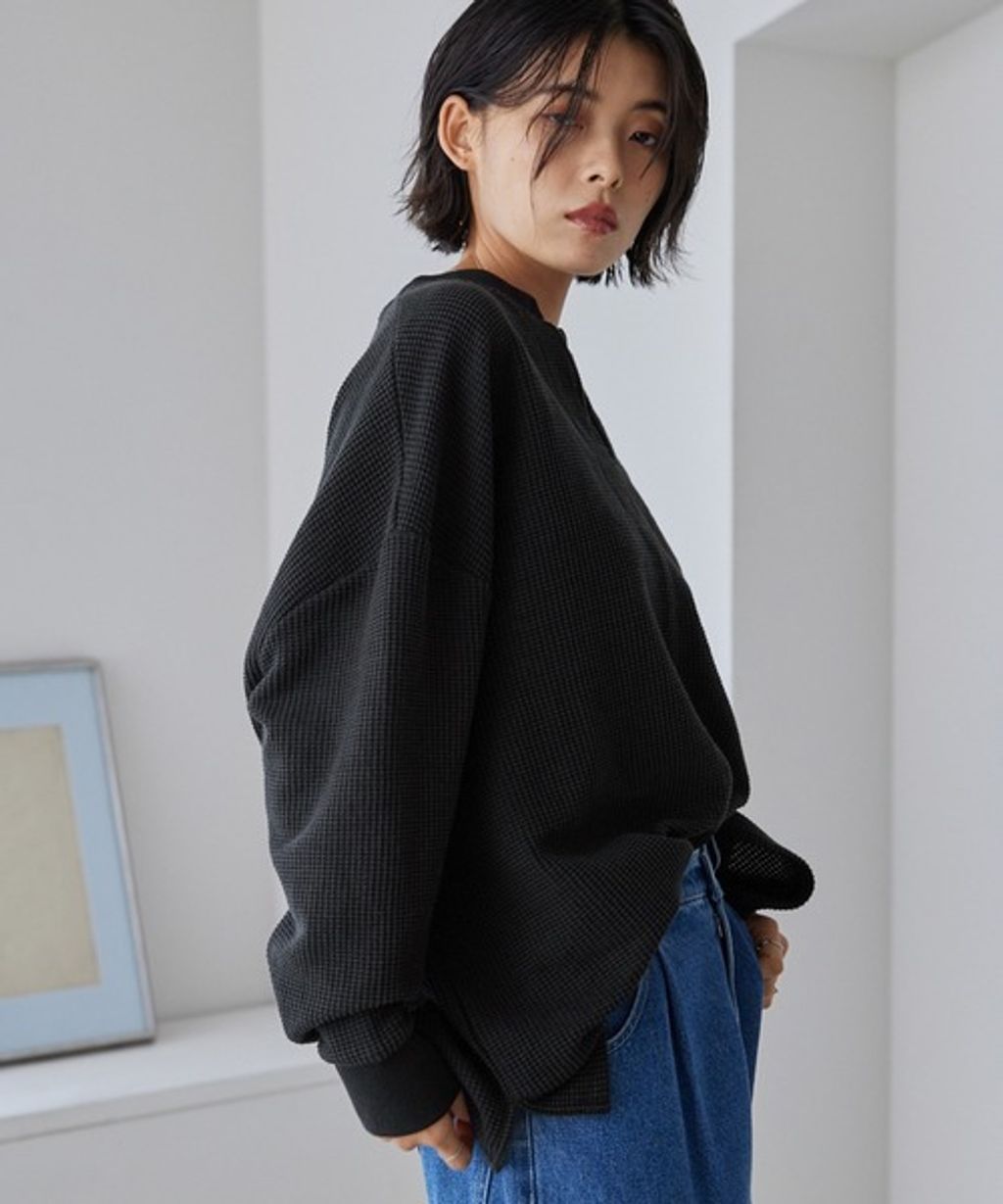 MONO-MART 刺繡小狐狸開襟領華夫格長袖上衣_6