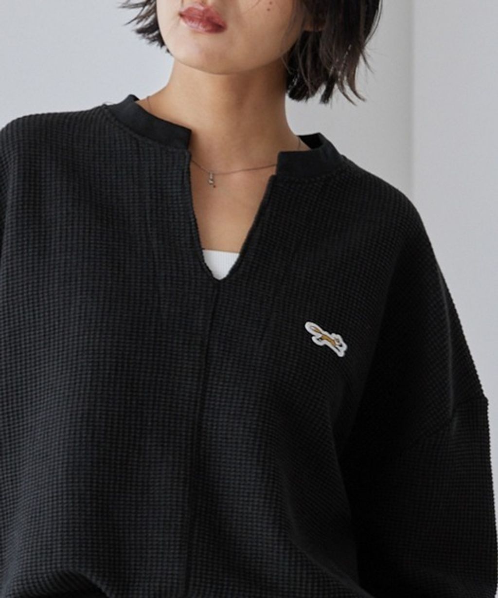 MONO-MART 刺繡小狐狸開襟領華夫格長袖上衣_1