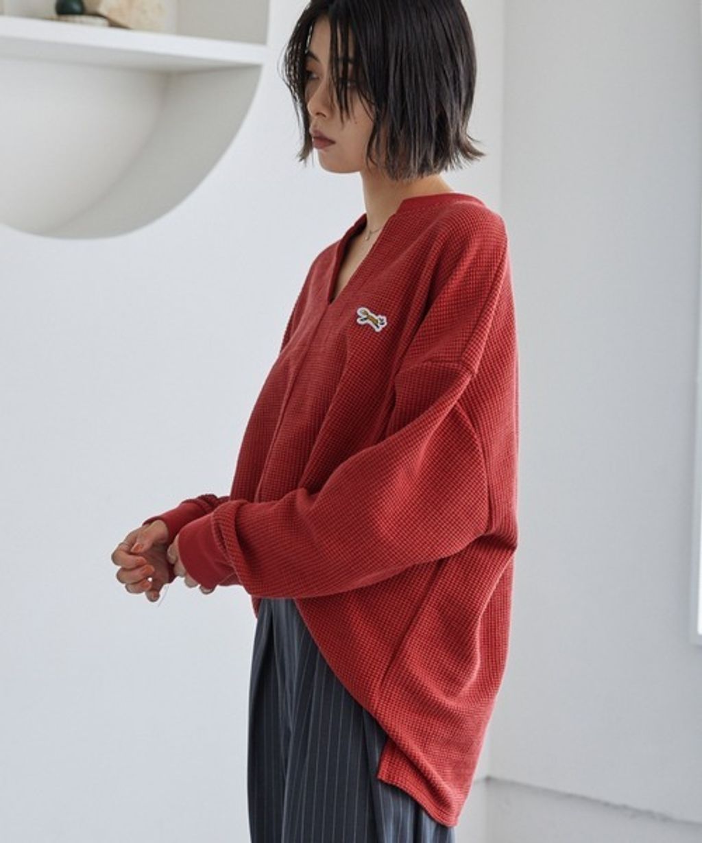 MONO-MART 刺繡小狐狸開襟領華夫格長袖上衣_46