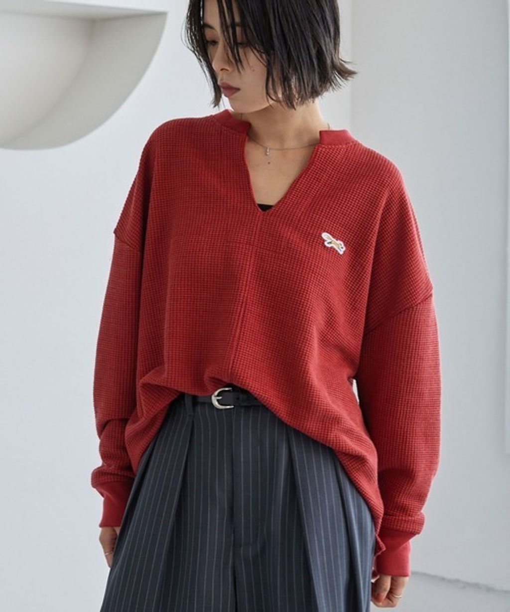 MONO-MART 刺繡小狐狸開襟領華夫格長袖上衣_44