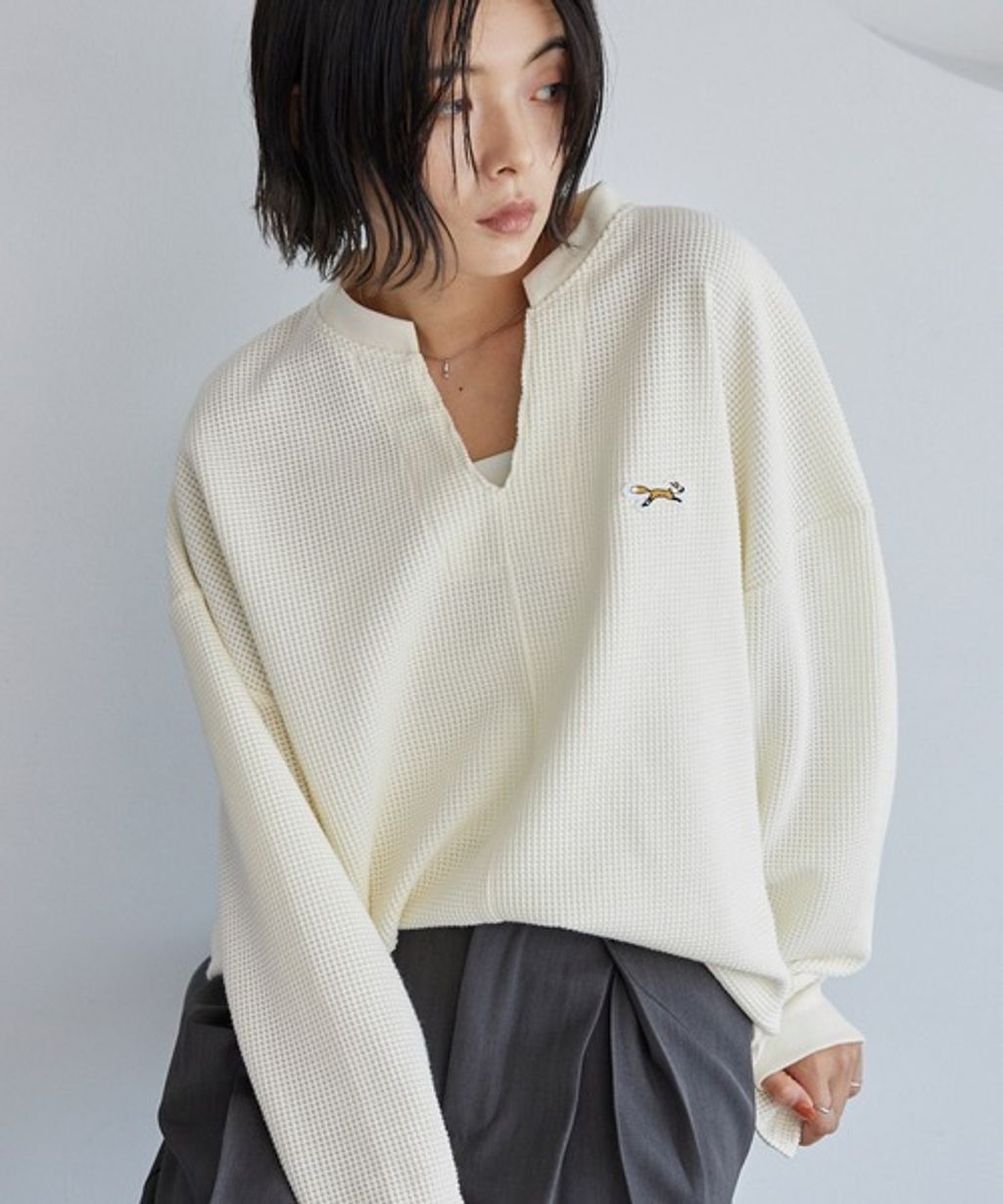 MONO-MART 刺繡小狐狸開襟領華夫格長袖上衣_26