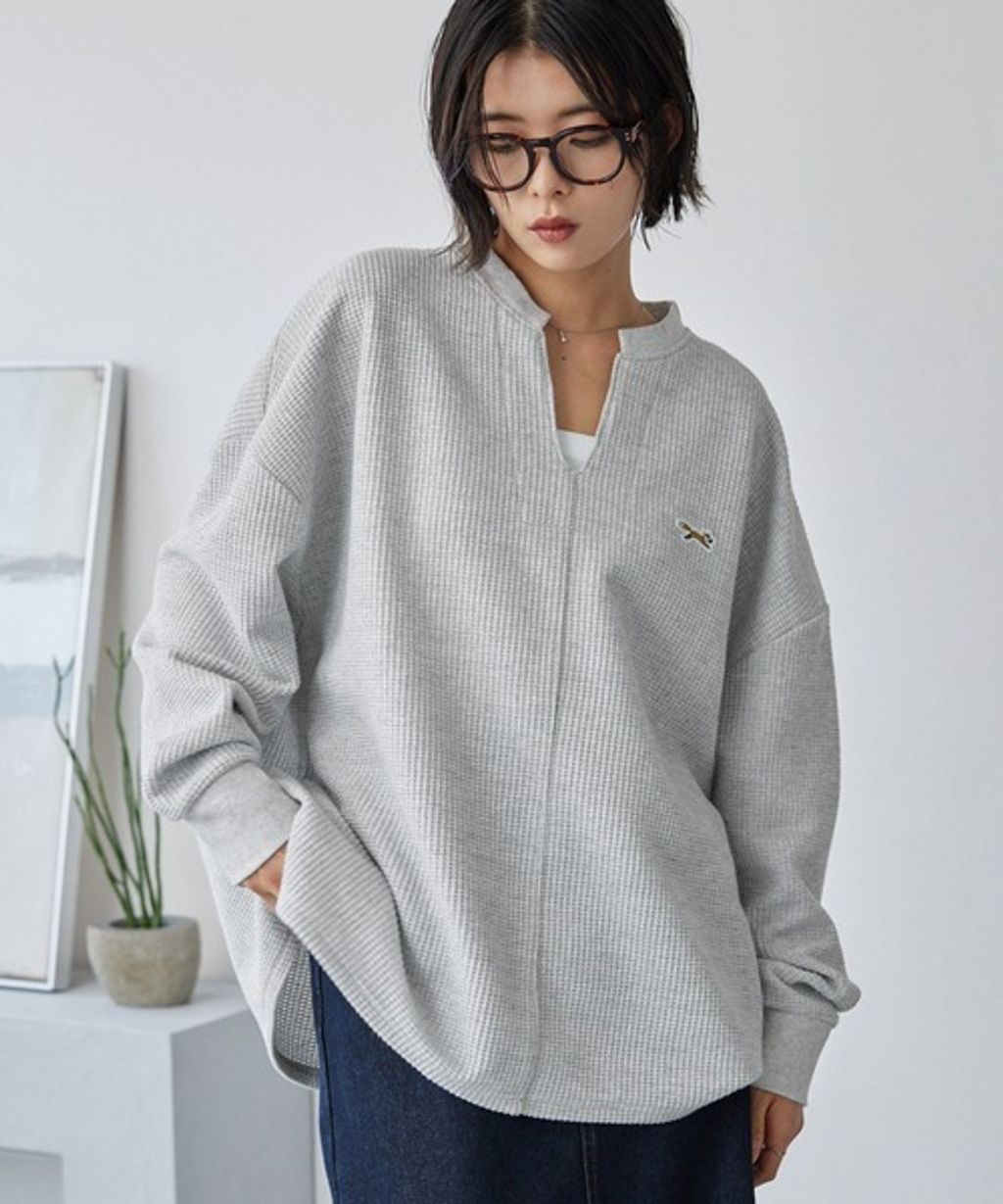 MONO-MART 刺繡小狐狸開襟領華夫格長袖上衣_35