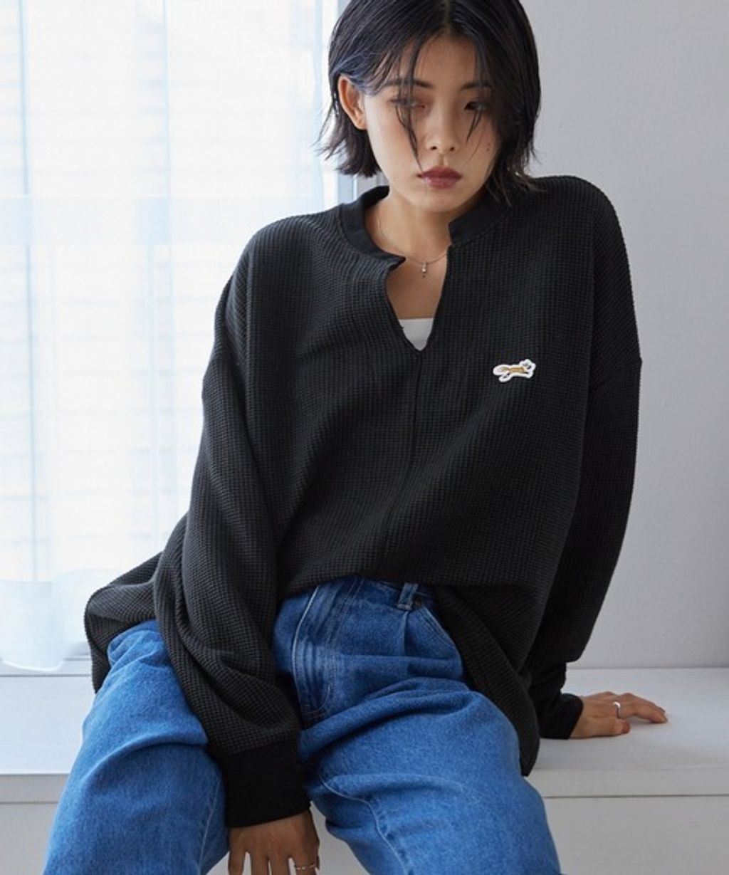 MONO-MART 刺繡小狐狸開襟領華夫格長袖上衣_4