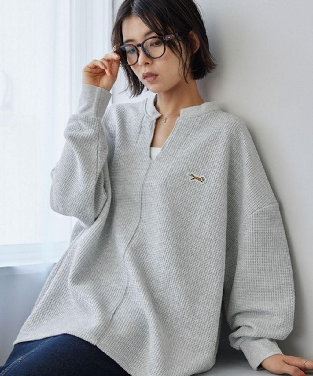 MONO-MART 刺繡小狐狸開襟領華夫格長袖上衣_3