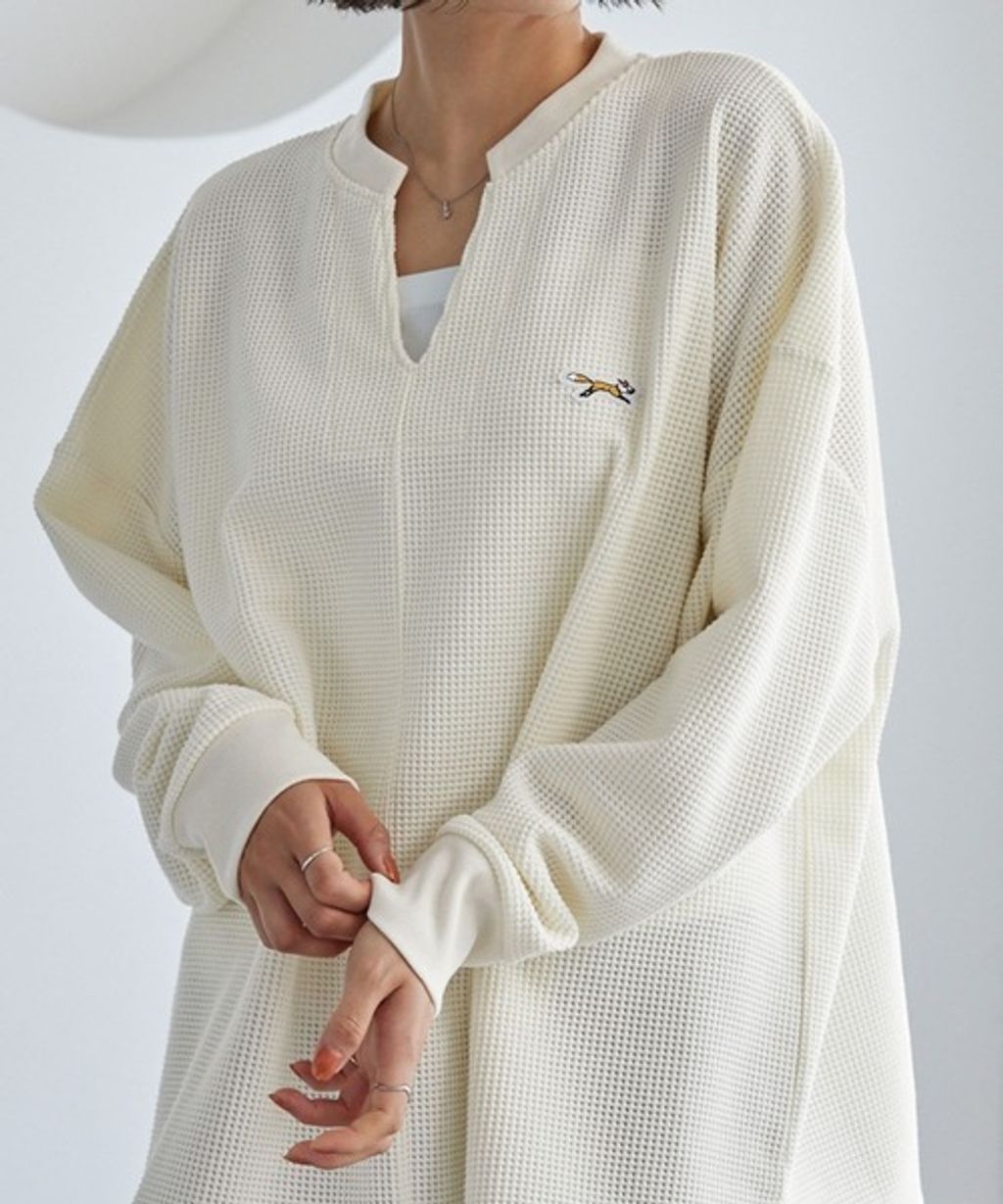 MONO-MART 刺繡小狐狸開襟領華夫格長袖上衣_23
