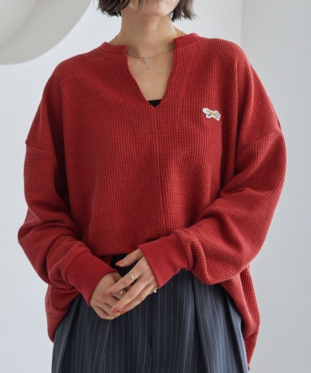 MONO-MART 刺繡小狐狸開襟領華夫格長袖上衣_22