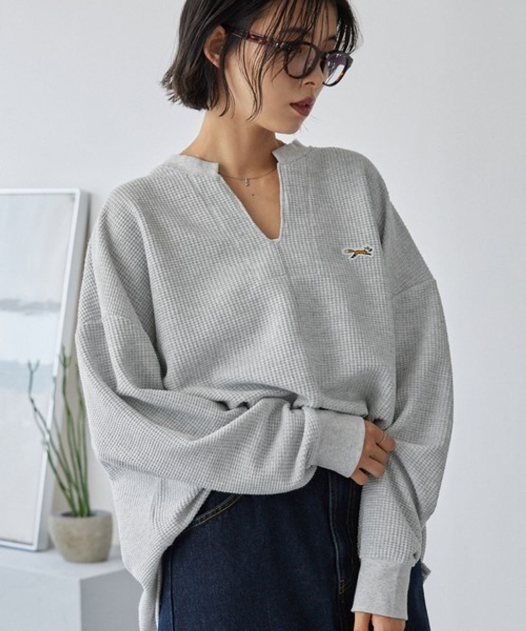 MONO-MART 刺繡小狐狸開襟領華夫格長袖上衣_34