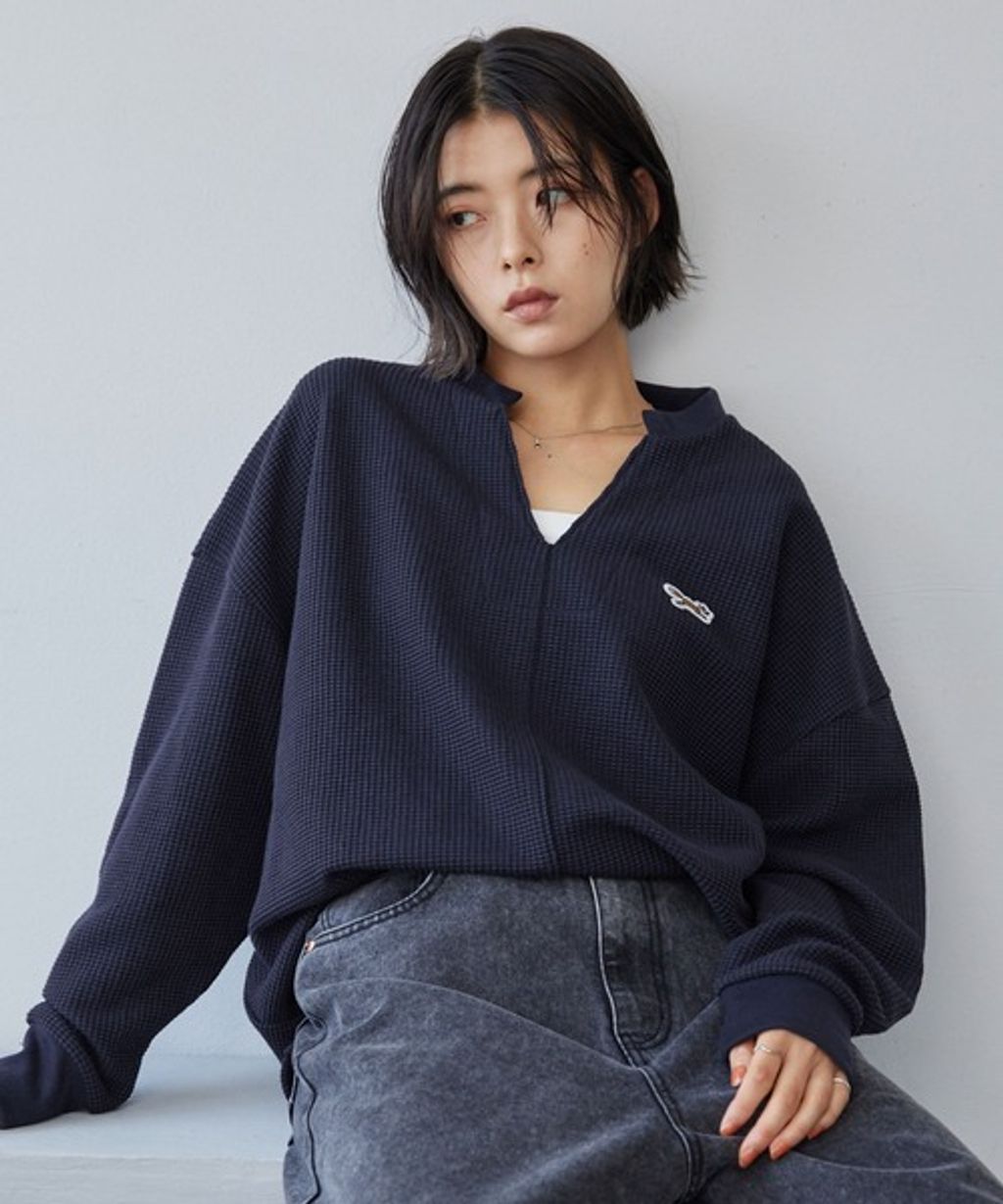 MONO-MART 刺繡小狐狸開襟領華夫格長袖上衣_14
