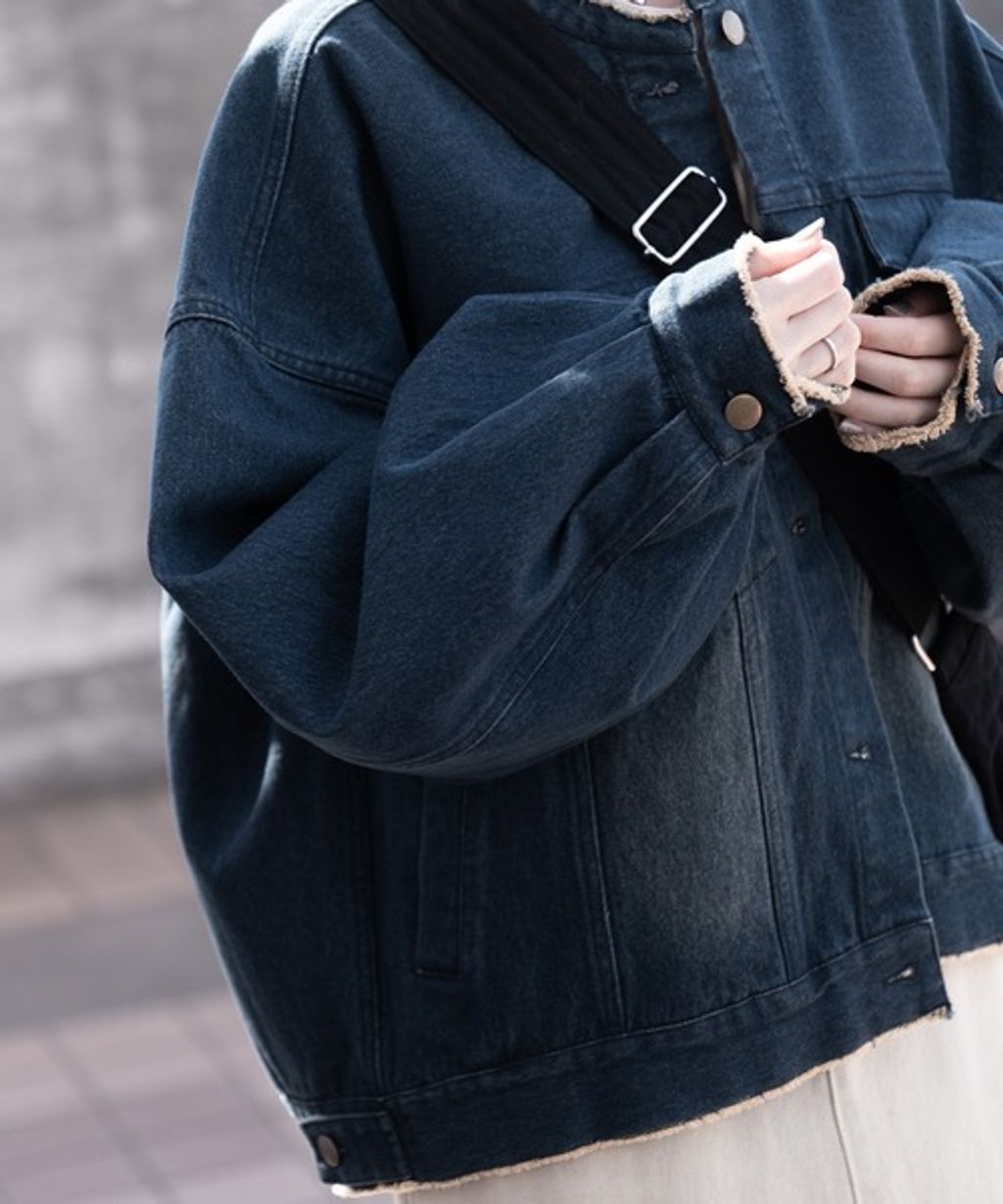 RUUBON 11.5oz純棉無領流蘇短版丹寧外套_41