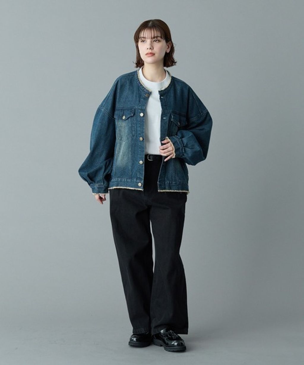 RUUBON 11.5oz純棉無領流蘇短版丹寧外套_14