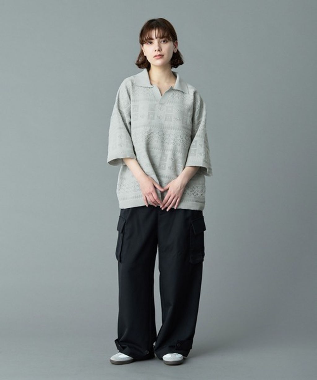 RUUBON 幾何編織開襟領針織 Polo短袖上衣_29