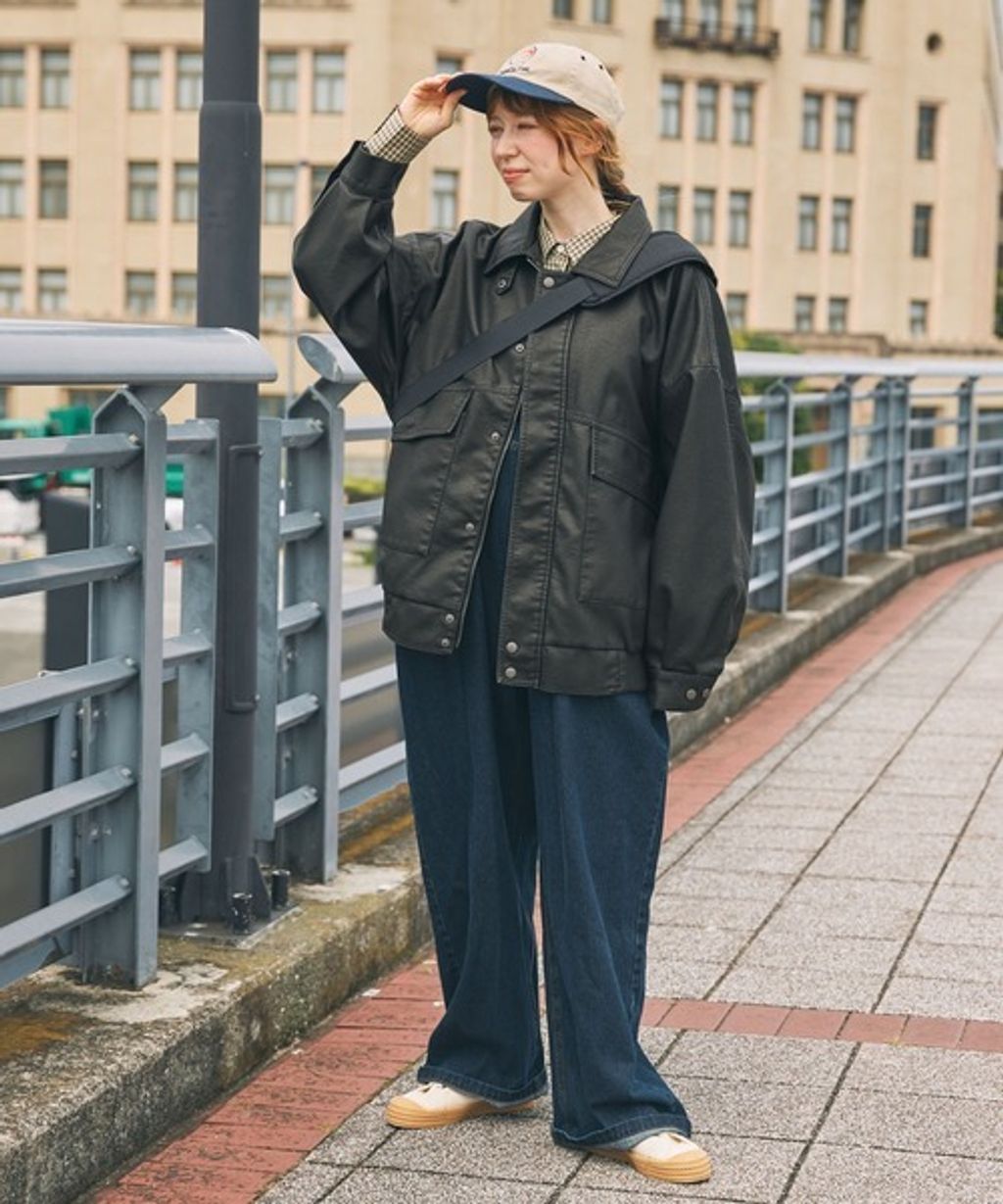MONO-MART 寬鬆版型復古皮革感夾克(男女同款)_79