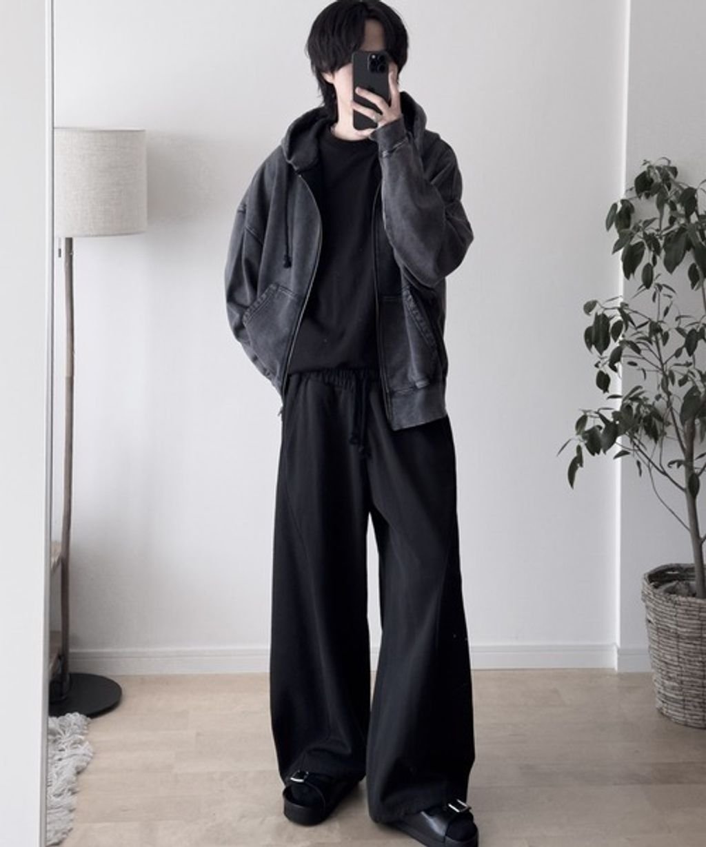 RUUBON 厚磅拼接寬版繭型休閒長褲(男女同款)_123