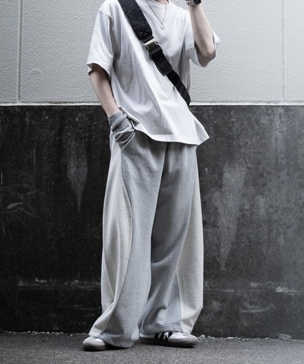 RUUBON 厚磅拼接寬版繭型休閒長褲(男女同款)_114